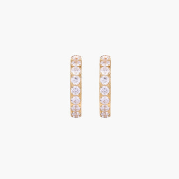 Gold pavé hoop earrings with two freshwater pearls nestled inside the curved design, featuring crystal-studded outer edge.