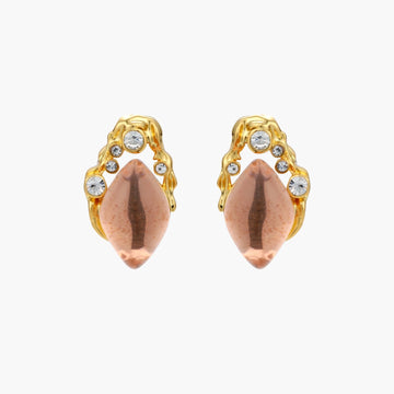 Gold-plated baroque stud earrings with coral-pink liuli stones and cubic zirconia crystals on white background.