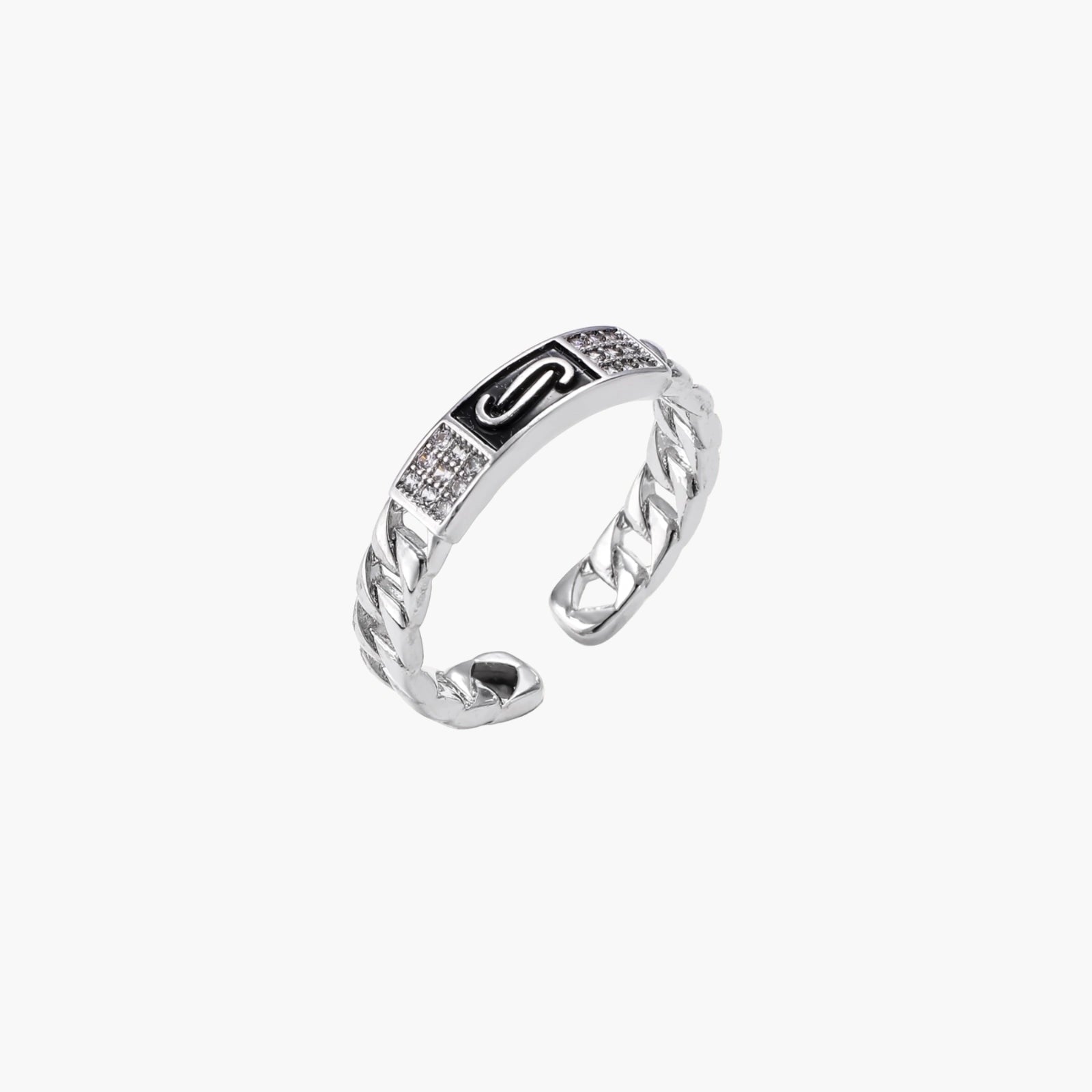 Two adjustable white gold plated rings with chain-link bands, featuring cubic zirconia halo and enamel details